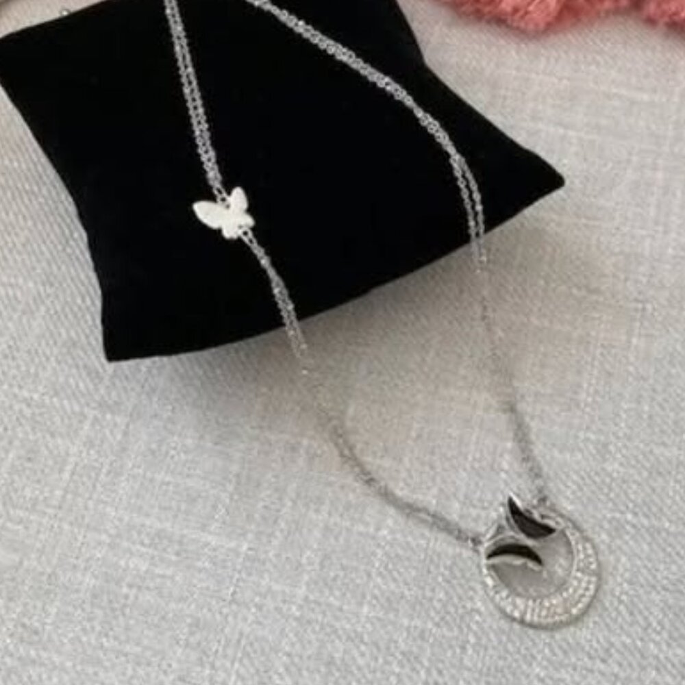Butterfly Pendant Necklace - Silvertone- Classy-Double Chain